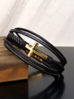 Gold Cross Black Leather Bracelet - Image 5