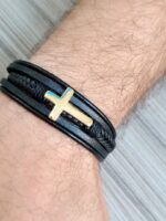Gold Cross Black Leather Bracelet - Image 4