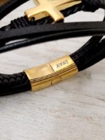 Gold Cross Black Leather Bracelet - Image 3