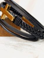 Gold Cross Black Leather Bracelet - Image 2
