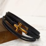 Gold Cross Black Leather Bracelet