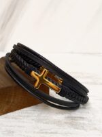 Gold Cross Black Leather Bracelet