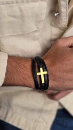 Gold Cross Black Leather Bracelet - Image 6