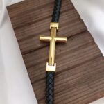 Gold Cross Single Lap Black Leather Bracelet