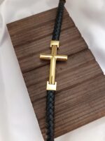 Gold Cross Single Lap Black Leather Bracelet