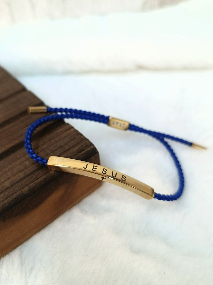 jesus-braided-rope-blue-bracelet-gold Jesus Braided Rope Blue Bracelet Gold - Image 1