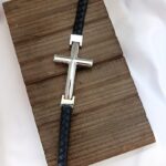 Silver Cross Single Lap Black Leather Bracelet