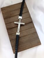 Silver Cross Single Lap Black Leather Bracelet