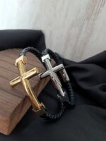 Silver Cross Single Lap Black Leather Bracelet - Image 6