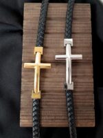 Silver Cross Single Lap Black Leather Bracelet - Image 5