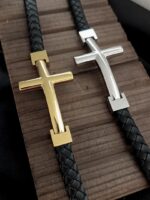 Silver Cross Single Lap Black Leather Bracelet - Image 4