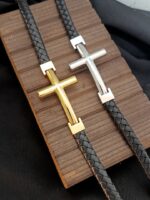 Silver Cross Single Lap Black Leather Bracelet - Image 3