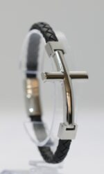 Silver Cross Single Lap Black Leather Bracelet - Image 2